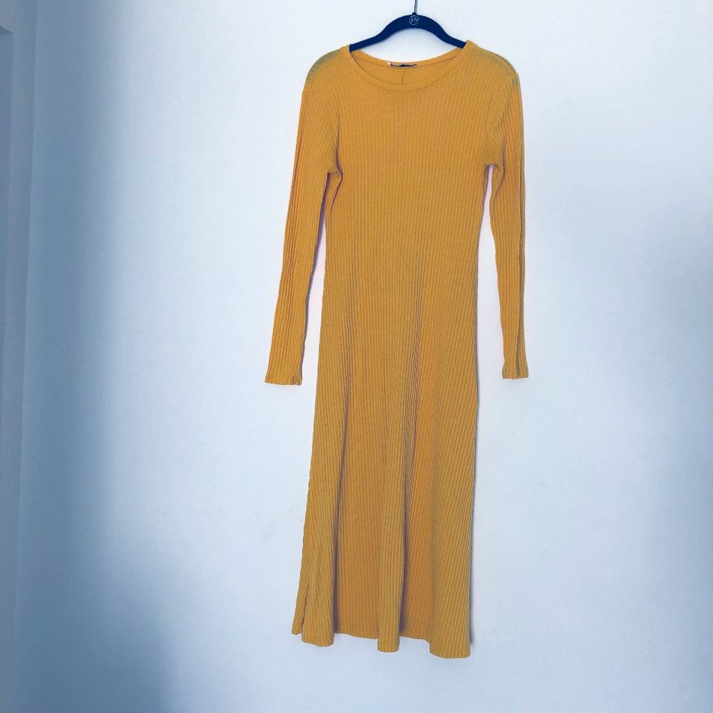 Zara Yellow Ribbed Midi Dress, Women's Size M